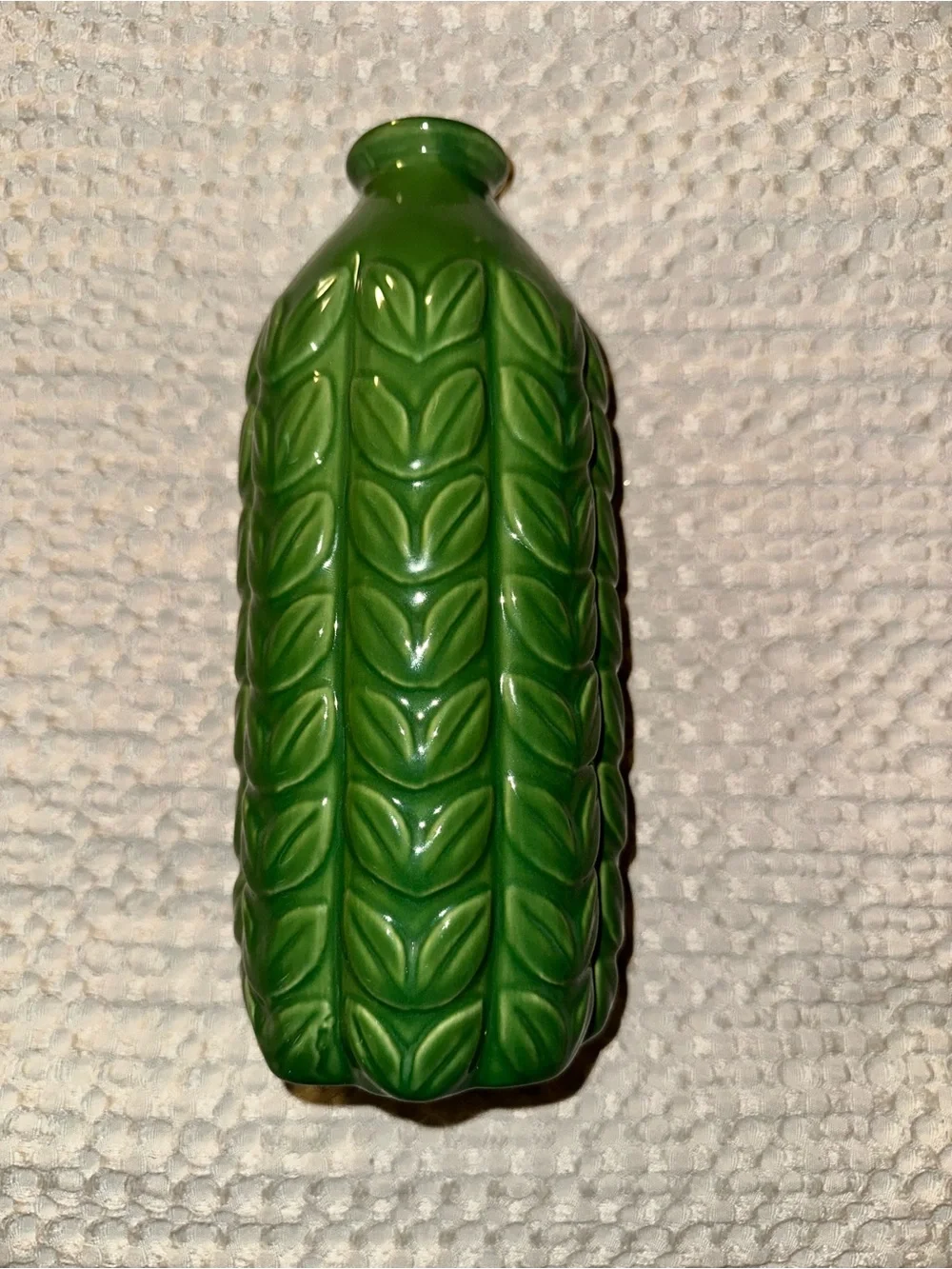 Glossy Green Leaf-Relief Ceramic Vase - Unbranded
